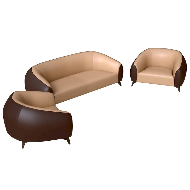 Ensemble de canapés 3 pièces revêtu de cuir PU avec structure en bois massif et pieds en acier, série Opula de LeisureMod