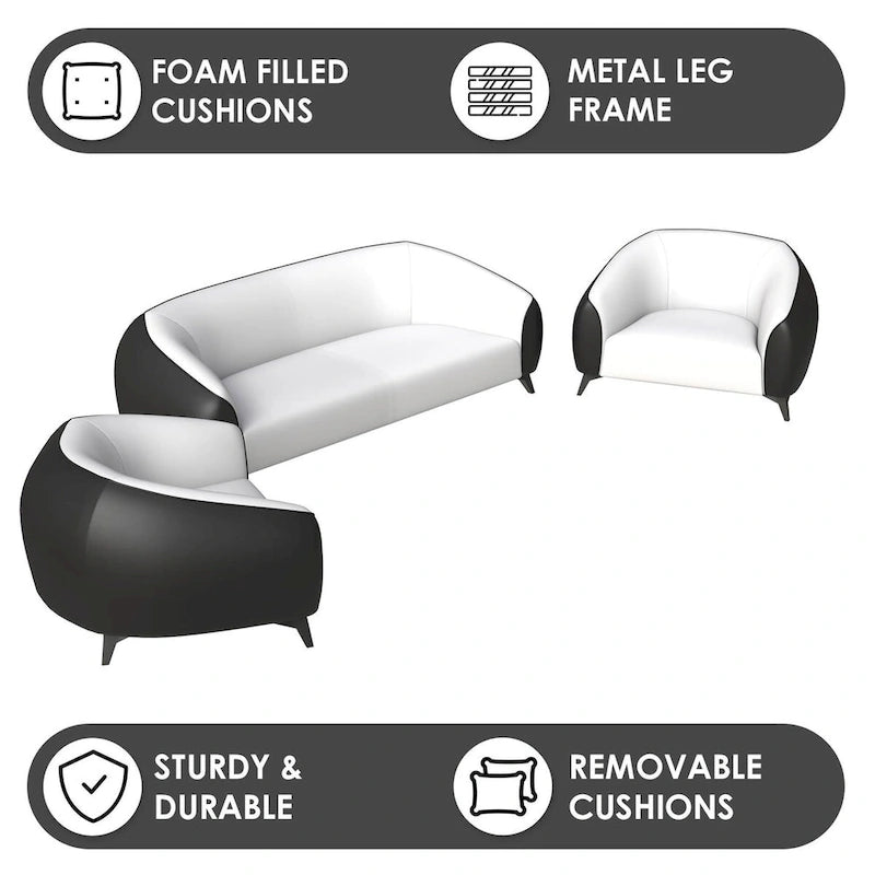 Ensemble de canapés 3 pièces revêtu de cuir PU avec structure en bois massif et pieds en acier, série Opula de LeisureMod