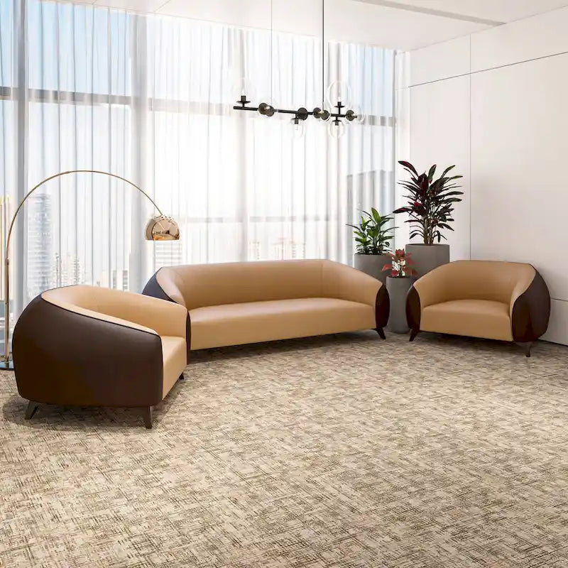 Ensemble de canapés 3 pièces revêtu de cuir PU avec structure en bois massif et pieds en acier, série Opula de LeisureMod