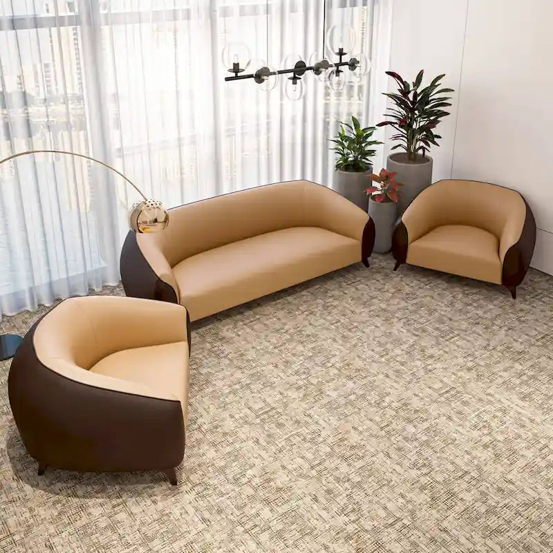 Ensemble de canapés 3 pièces revêtu de cuir PU avec structure en bois massif et pieds en acier, série Opula de LeisureMod