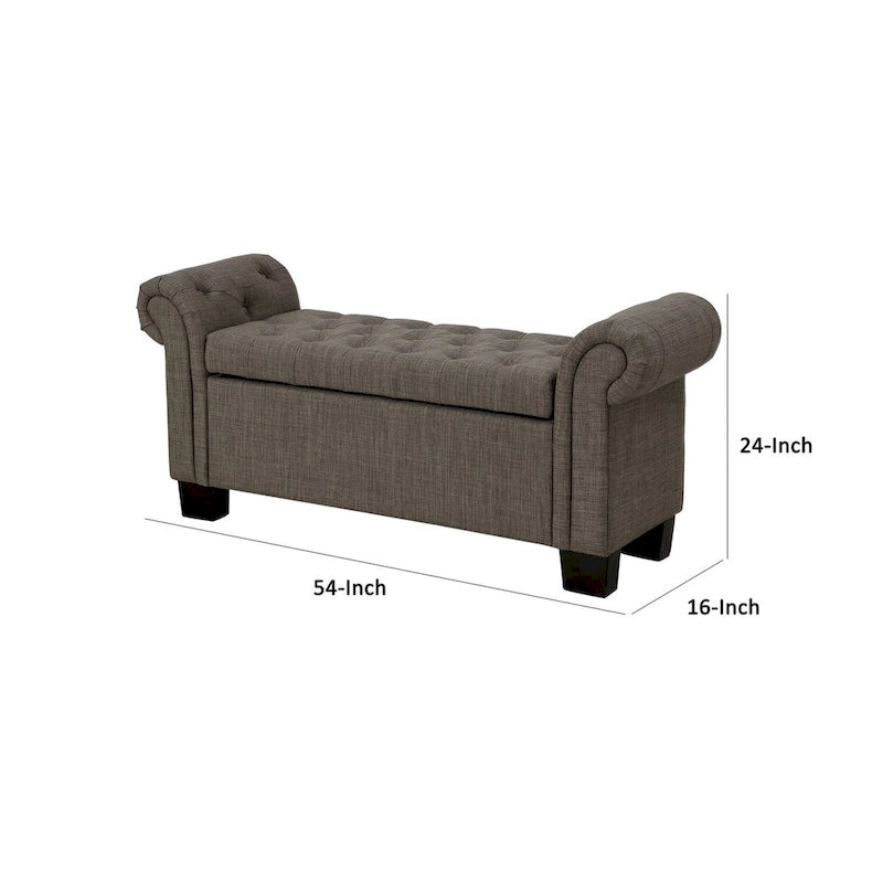 Banc de rangement de 137 cm (54 pouces), lin polyester, accoudoirs arrondis, capitonné, gris lisse