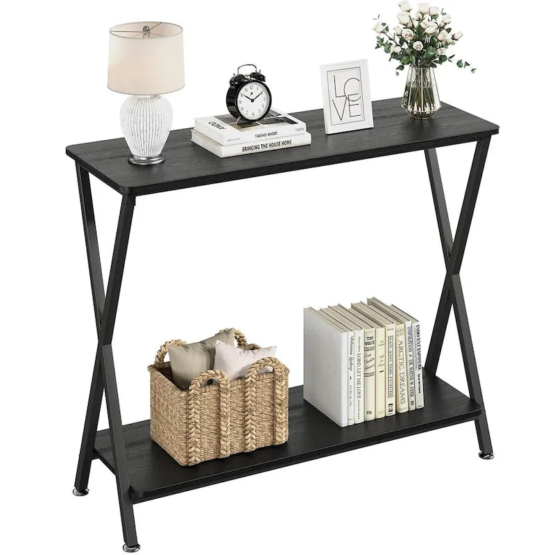 Table d'entrée étroite avec étagère de rangement et structure en métal