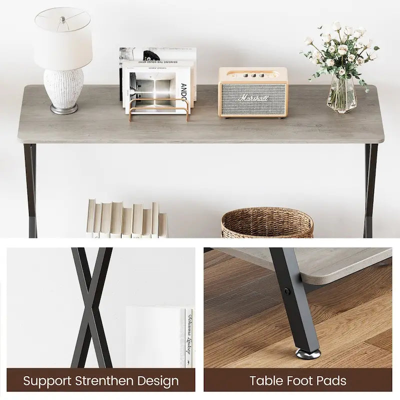 Table d'entrée étroite avec étagère de rangement et structure en métal