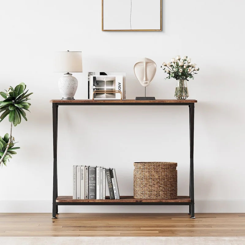 Table d'entrée étroite avec étagère de rangement et structure en métal