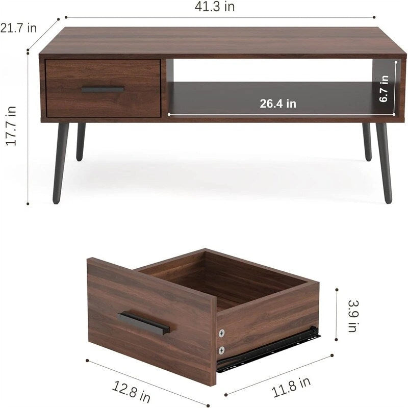 Table basse/meuble TV style Mid-Century Modern avec tiroir - 41,3 cm (P) x 21,7 cm (L) x 17,7 cm (H)