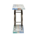 Table console en bois avec plateau à lattes larges, cadre à double roue et piètement à plusieurs niveaux - Marron ou bleu - Roche River Decor