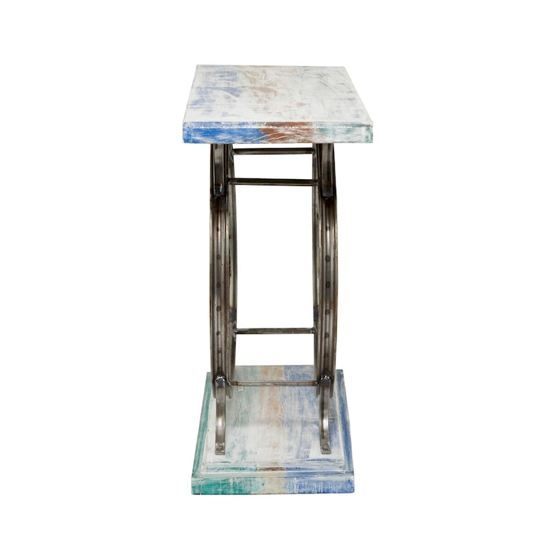 Table console en bois avec plateau à lattes larges, cadre à double roue et piètement à plusieurs niveaux - Marron ou bleu - Roche River Decor