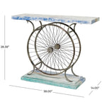 Table console en bois avec plateau à lattes larges, cadre à double roue et piètement à plusieurs niveaux - Marron ou bleu - Roche River Decor