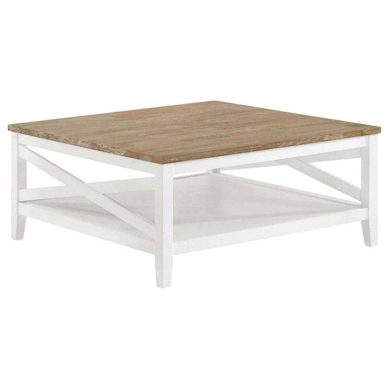 Table basse Maise de 99 cm (39 pouces), plateau en bois brossé rustique, marron et blanc