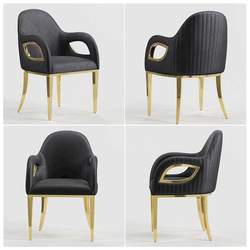 Fauteuil d'appoint luxueux en velours noir avec accoudoirs œil-de-renard
