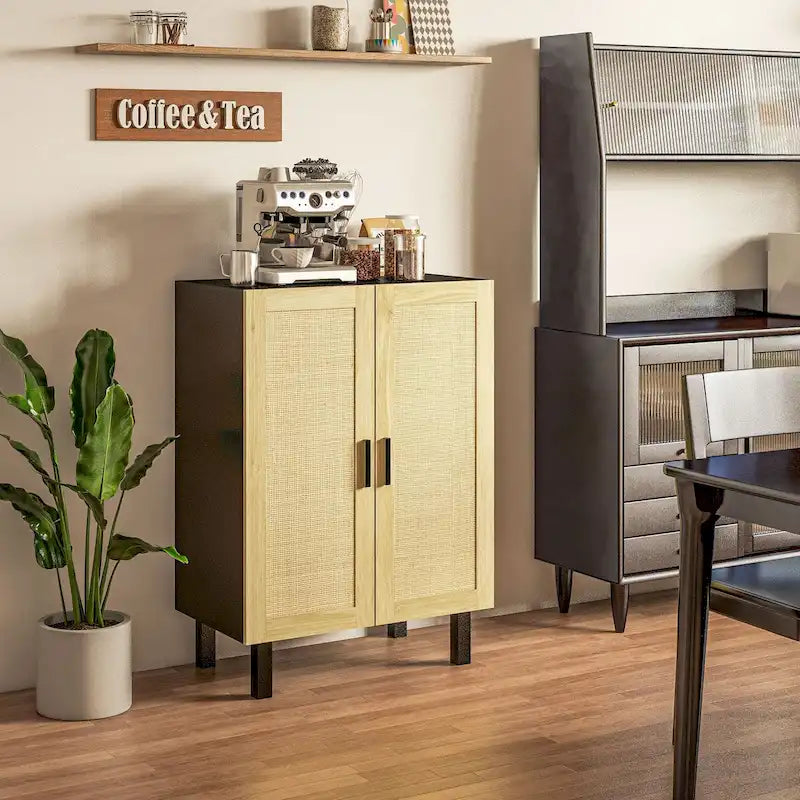 Buffet HOMCOM, meuble de cuisine, meuble bar à café avec 2 portes en rotin et étagères réglables