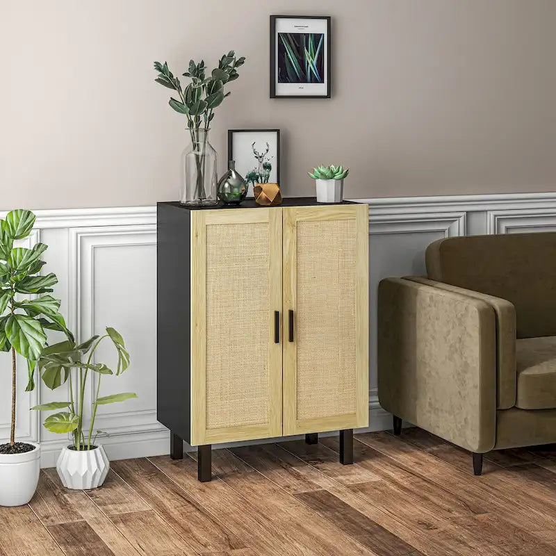 Buffet HOMCOM, meuble de cuisine, meuble bar à café avec 2 portes en rotin et étagères réglables