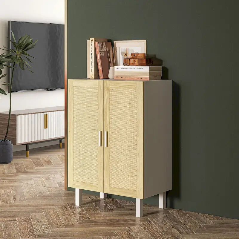 Buffet HOMCOM, meuble de cuisine, meuble bar à café avec 2 portes en rotin et étagères réglables