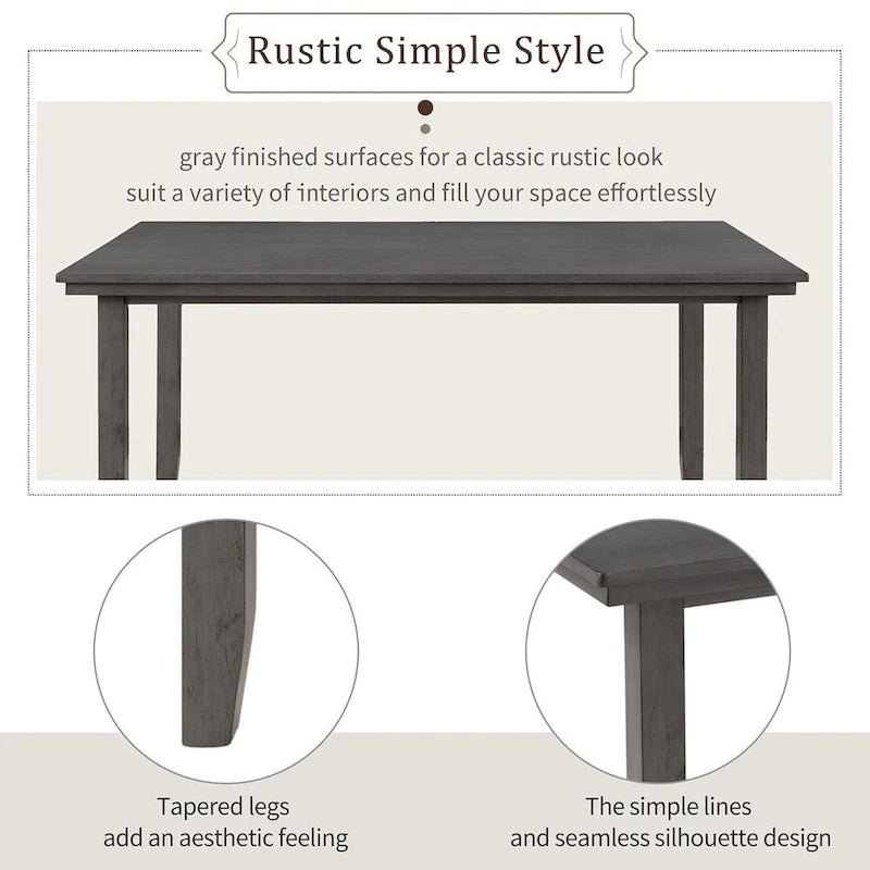 Ensemble de salle à manger 6 pièces (table et chaises avec banc), style rustique, en bois, pour 6 personnes