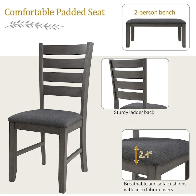 Ensemble de salle à manger 6 pièces (table et chaises avec banc), style rustique, en bois, pour 6 personnes