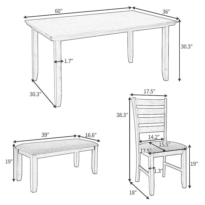 Ensemble de salle à manger 6 pièces (table et chaises avec banc), style rustique, en bois, pour 6 personnes