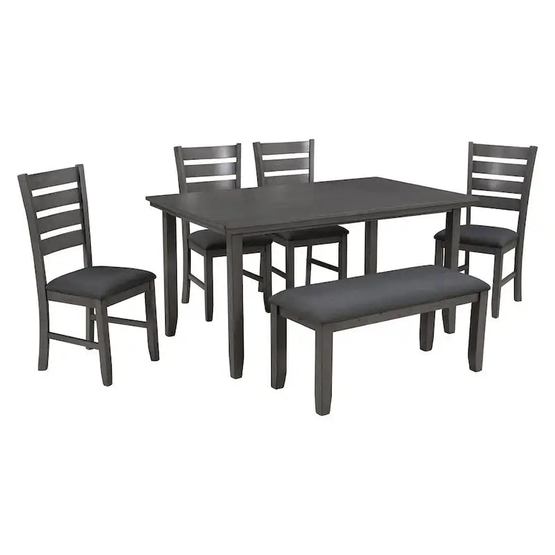 Ensemble de salle à manger 6 pièces (table et chaises avec banc), style rustique, en bois, pour 6 personnes