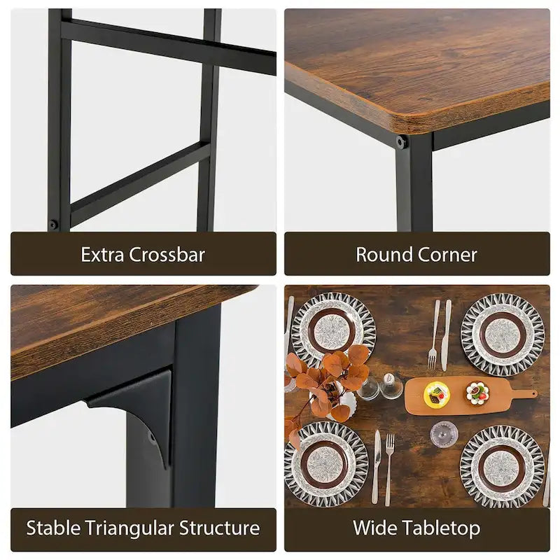 Ensemble de salle à manger 4 pièces : table rustique, bureau, 2 chaises, banc et étagère de rangement.