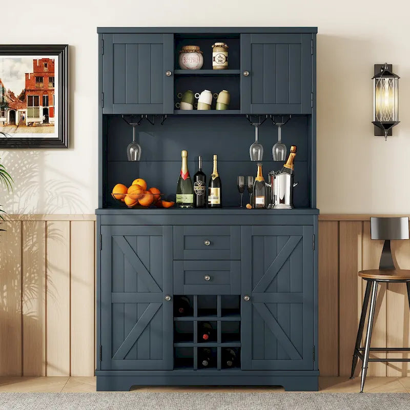 Meuble bar de cuisine avec rangement, meuble à vin de style campagnard avec tiroirs, étagères et placards, buffet avec casiers à vin et à verres
