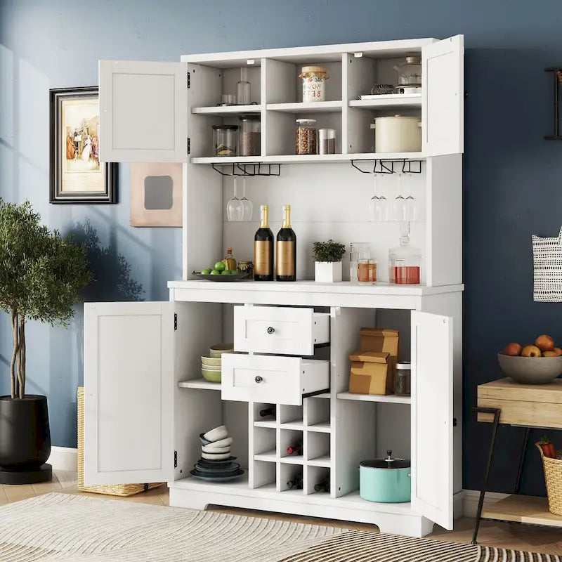 Meuble bar de cuisine avec rangement, meuble à vin de style campagnard avec tiroirs, étagères et placards, buffet avec casiers à vin et à verres