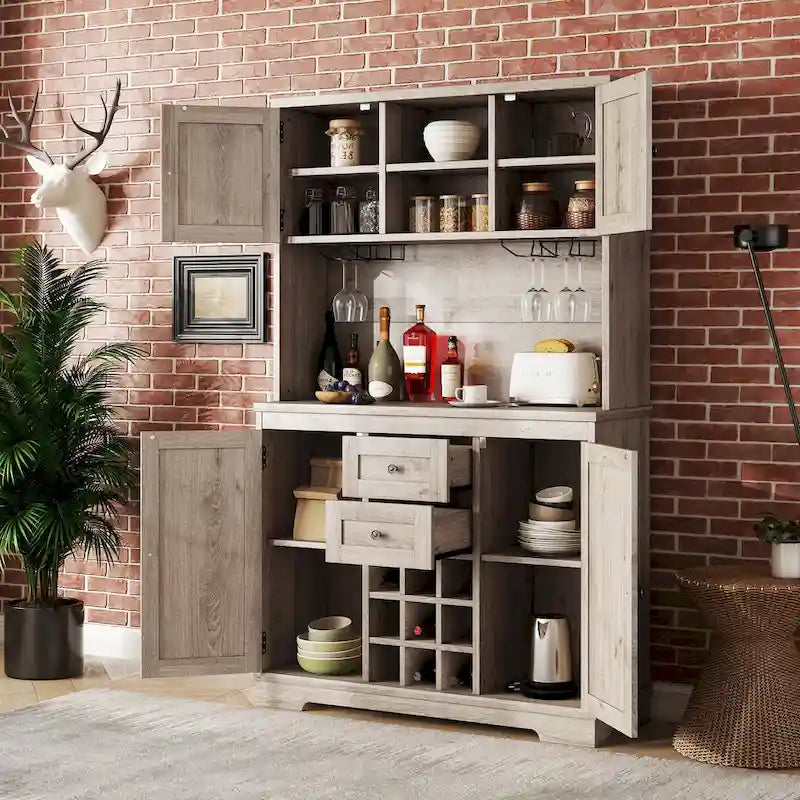 Meuble bar de cuisine avec rangement, meuble à vin de style campagnard avec tiroirs, étagères et placards, buffet avec casiers à vin et à verres