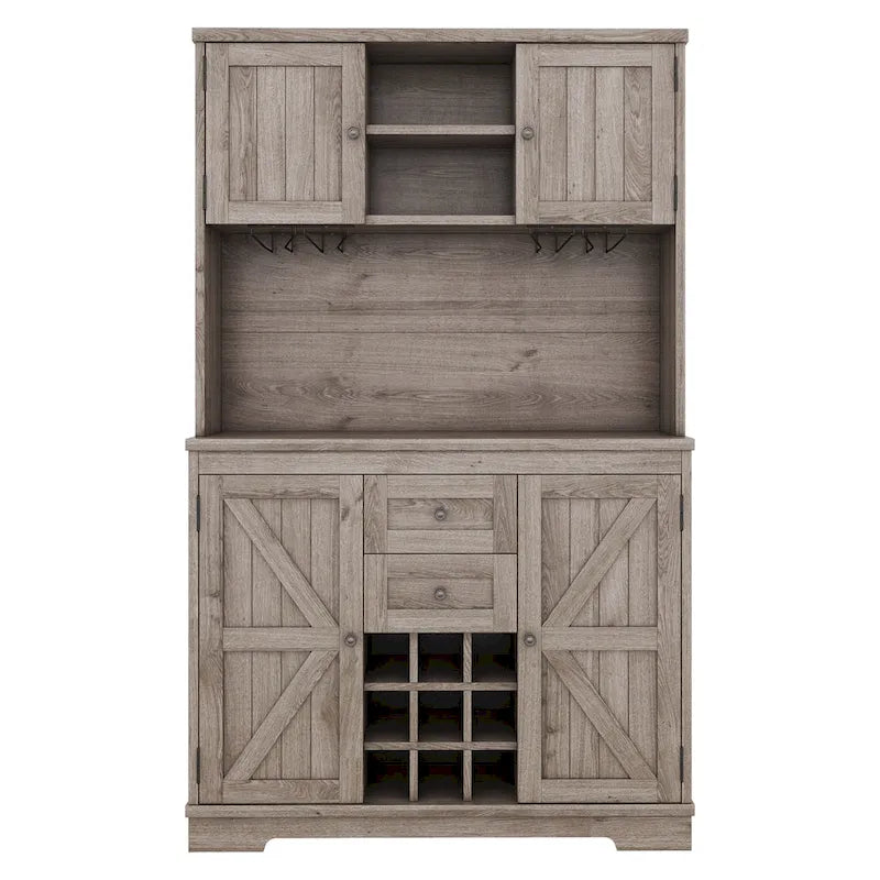 Meuble bar de cuisine avec rangement, meuble à vin de style campagnard avec tiroirs, étagères et placards, buffet avec casiers à vin et à verres