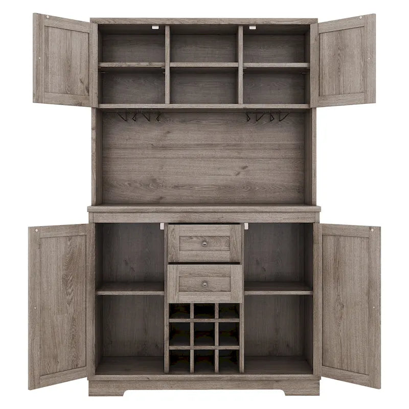 Meuble bar de cuisine avec rangement, meuble à vin de style campagnard avec tiroirs, étagères et placards, buffet avec casiers à vin et à verres